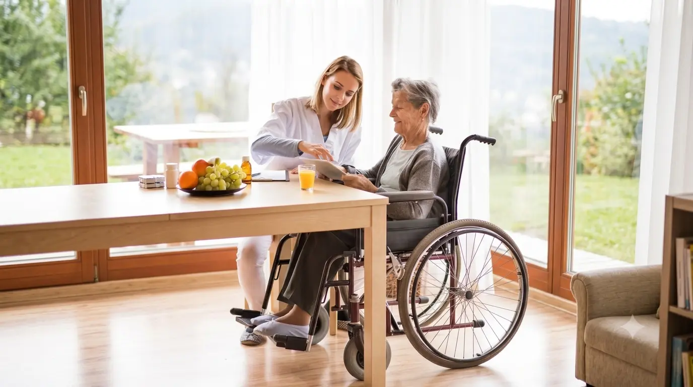 A caregiver in a white uniform sits with a smiling senior woman in a wheelchair at a sunlit dining table, reviewing a tablet together in her home