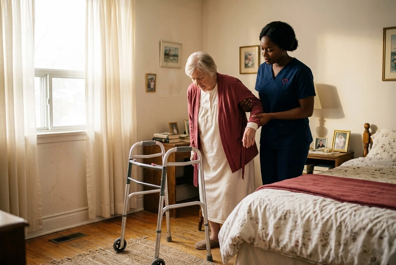 A caregiver helping a senior client with daily personal care at home