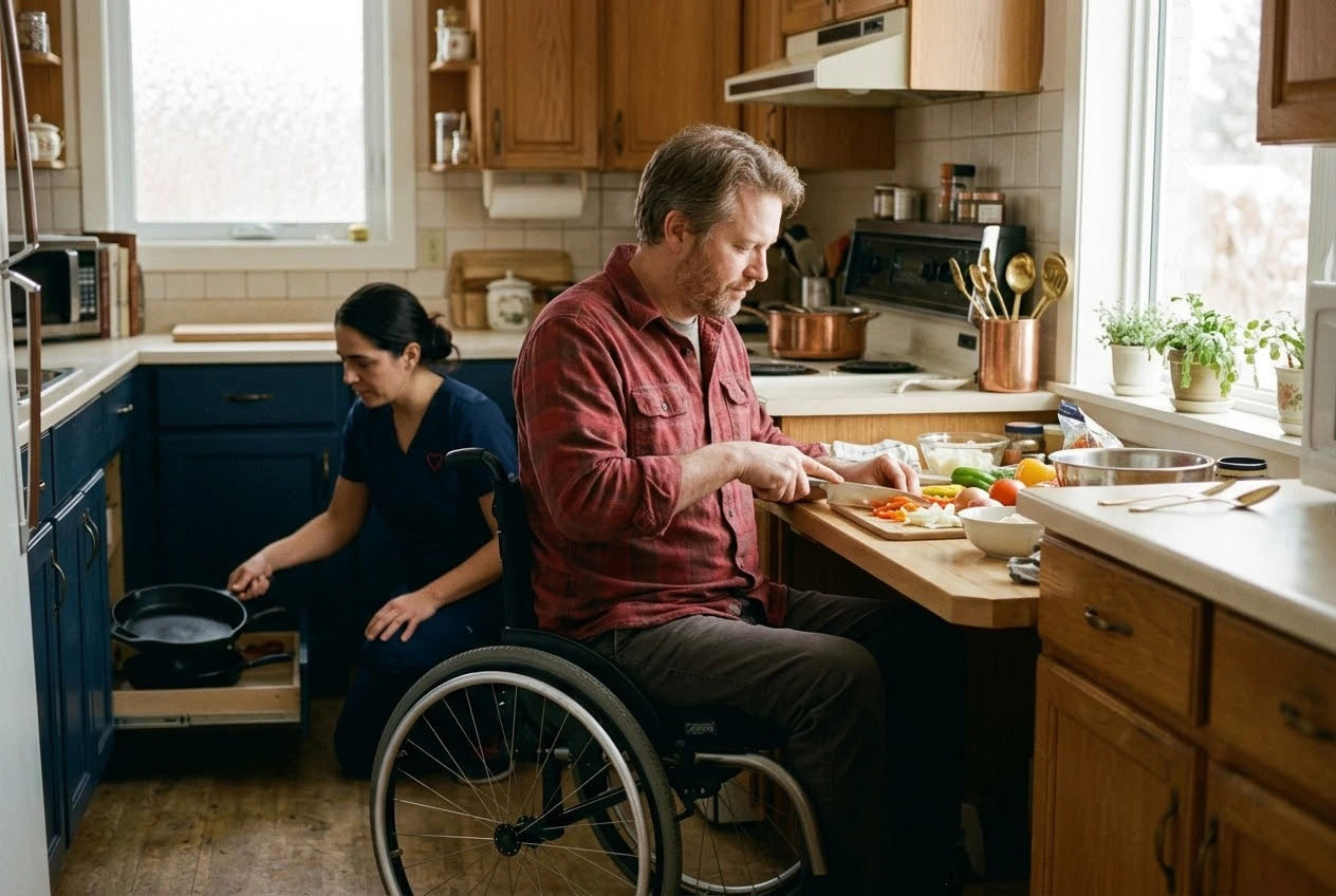 A caregiver assisting an adult with a disability with daily activities