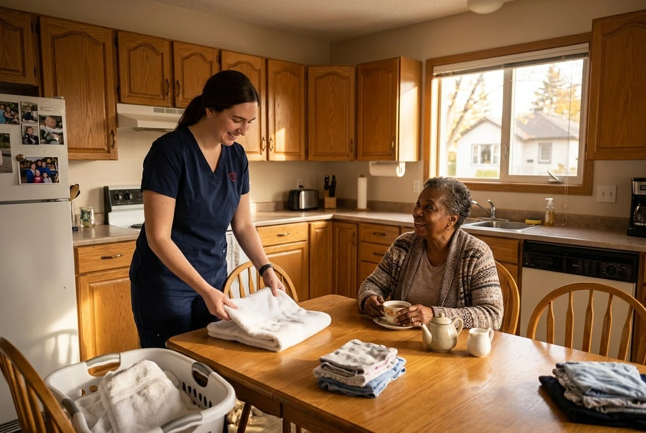 A caregiver helping with light housekeeping in a client's home
