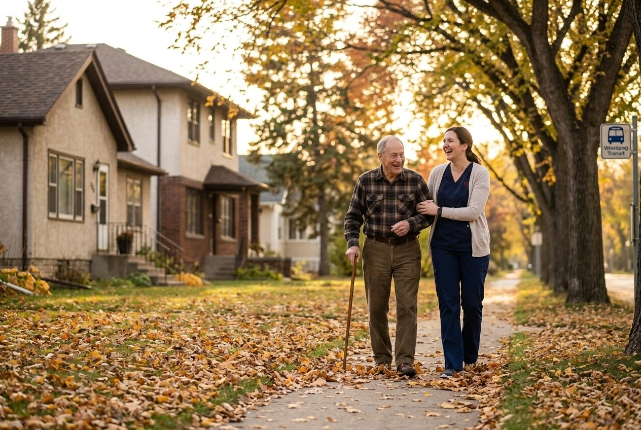 A caregiver and client enjoying a walk together outdoors