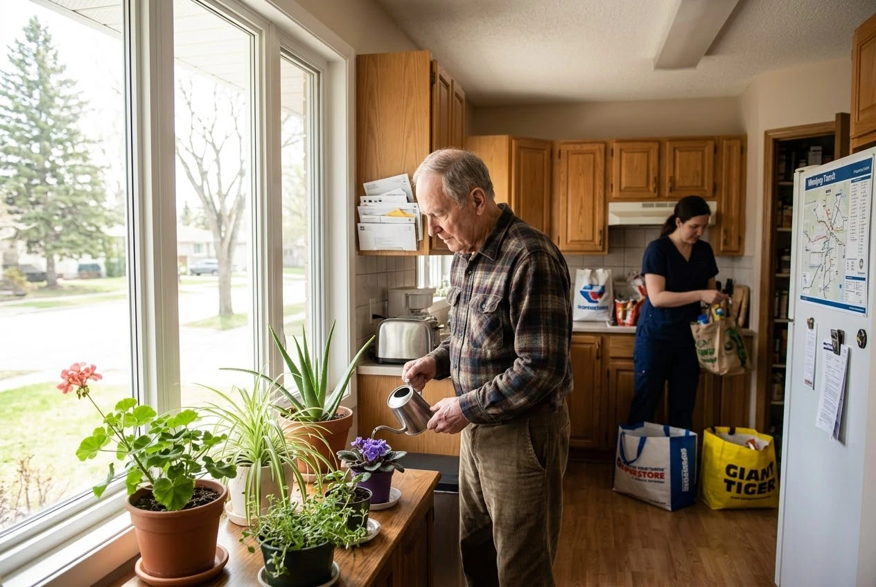 A caregiver assisting a senior with everyday tasks at home
